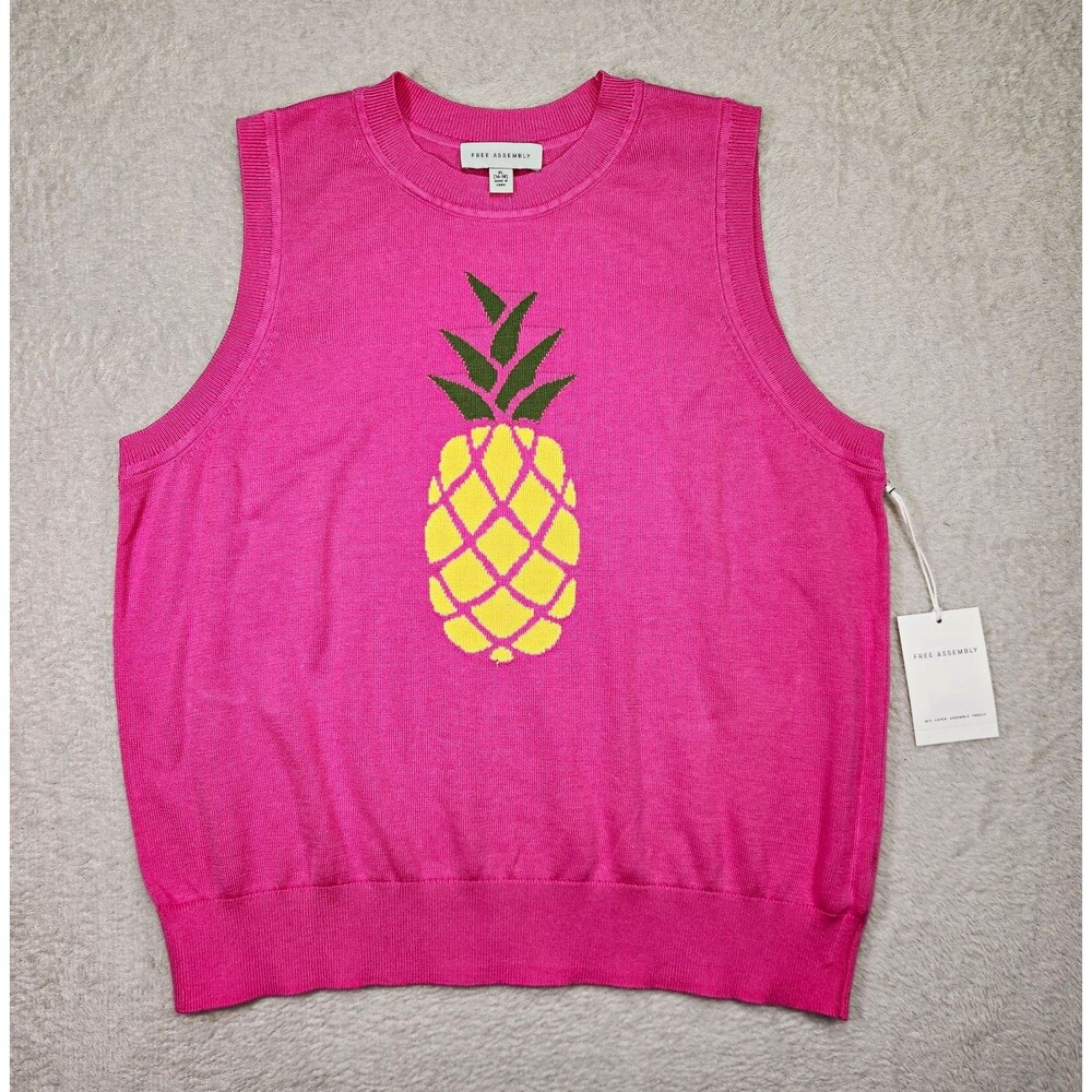 Free Assembly Womens XL Knit Sweater Vest Sleeveless Crew Neck Pink Pineapple